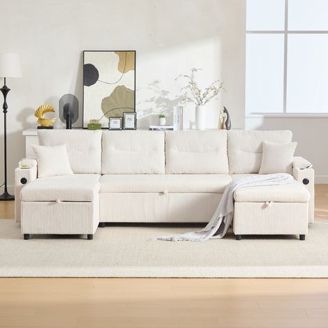 Canapé convertible 4 places avec méridiennes, rangement et USB beige DESVIAE (1/5)