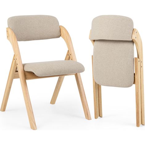 COSTWAY Lot de 2 Chaises en Bois Pliantes avec Assise Rembourrée, Naturel (1/4)