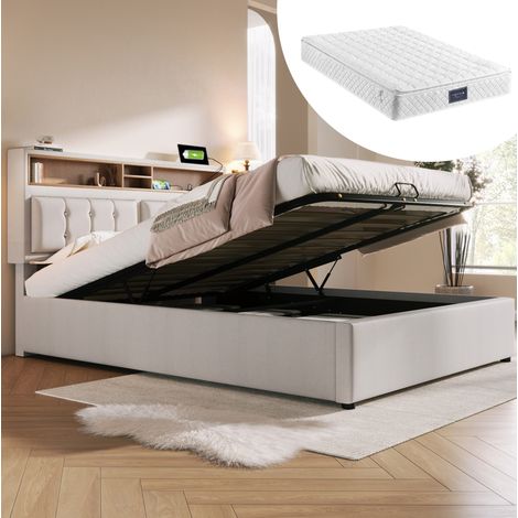 Letto con contenitore in lino beige 140x200 cm con rete, testiera regolabile e prese USB/Type-C, materasso incluso (1/5)