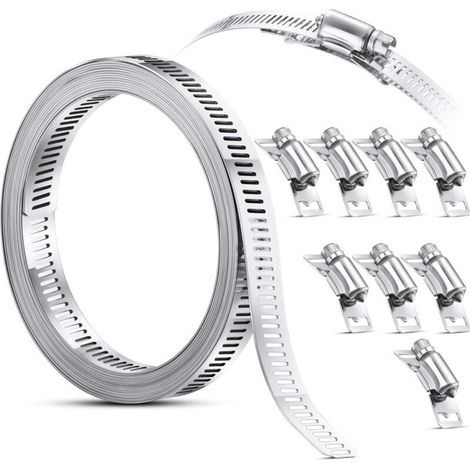 Collier de SerrCollier à Vis sans Fin en Acier, Sangle Collier de Serravec Attaches, Pinces en Acier Inoxydable 304 Collier de Serrde Tuyau Réglable à Vis (8 Pièces, 11,5 Feet) (1/5)