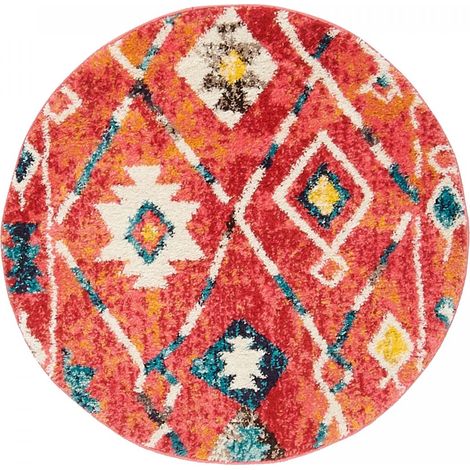 Tapis berbère motifs tribaux Ø160cm bleu et jaune rond LYN5 OURIKA