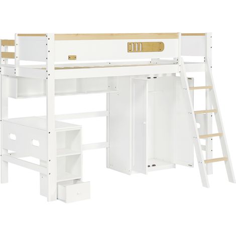 Cama alta infantil con escritorio, armario y estantes abiertos, 90 x 200 cm, blanco y natural (1/5)