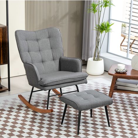 Fauteuil à bascule avec repose-pieds, dossier enveloppant, accoudoirs confortables et revêtement gris foncé pour détente au salon ou chambre  CHICFURN (1/5)