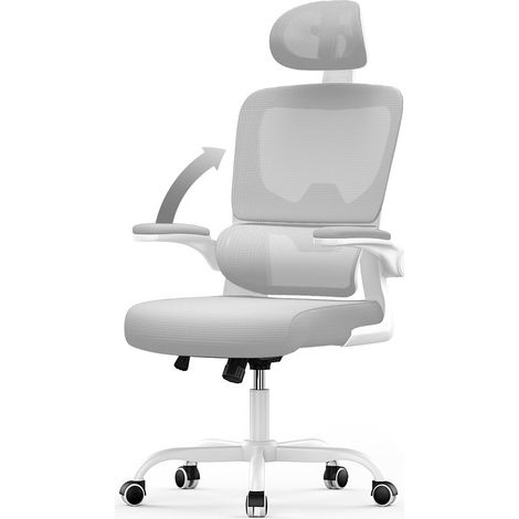Chaise de Bureau Ergonomique - RATTANTREE Fauteuil - avec accoudoir rabattable à 90° - Support Lombaire - Réglable en hauteur Gris (1/5)