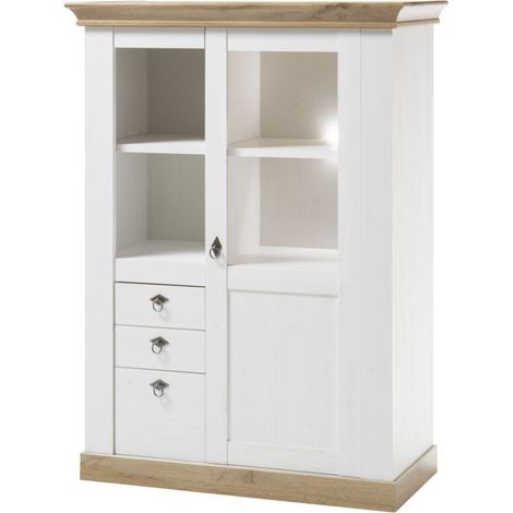 Landhaus Highboard Vitrine LINARES-61 in Pinie weiß / Wotan Eiche Nb. inkl. LED - B/H/T ca.: 102/139/44 cm (1/5)
