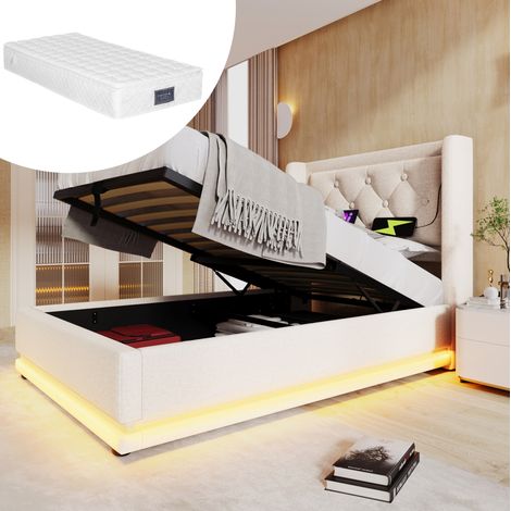 Bett mit Stauraum Baumwolle Beige 90x200 cm, inklusive Matratze, USB/Typ-C, LED und hydraulischem Lattenrost (1/5)
