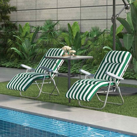 Chaise pliante extérieur, transat de jardin à 5 inclinaisons, coussin vert et blanc 60x75x102 cm, avec accoudoirs pour terrasse.