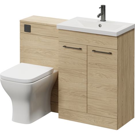 Napoli 390 Light Oak 1100mm 2 Door Vanity Unit Toilet Suite with Glide Basin - 1100mm - Gunmetal Grey 160mm HandleWith Kingston Toilet Pan and Seat