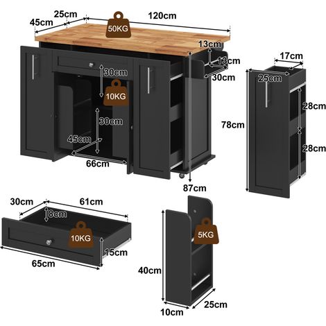 Mobile Kücheninsel mit klappbarer Arbeitsplatte, Küchenwagen mit 3 vertikalen Schubladen, 2 Türregalen und feststellbaren Rollen, 120 × 45 (70) × 87 cm (1/5)