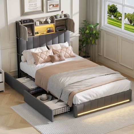 Lit d'appoint 1 personne,lit 90x200,Lit enfant,lit plat,Lit simple 90x200,rembourré-2 Tiroirs-RGB LED-USB-tête rangement-Lin-Gris (1/5)