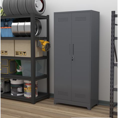 Armario de almacenamiento metálico con puertas con cierre, estantes ajustables, barra para colgar, metal gris (1/5)