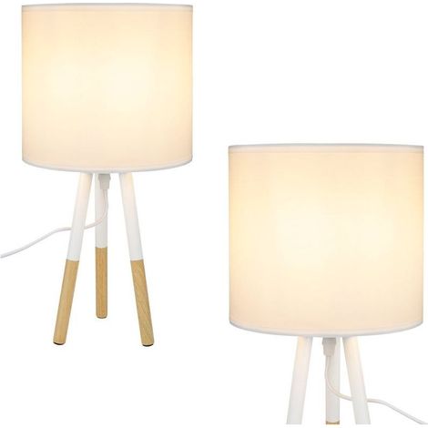 Lot de 2 lampes de chevet en bois blanc E27, style rustique, petite taille, avec abat-jour en tissu naturel, pour chambre à coucher et salle à manger (1/5)