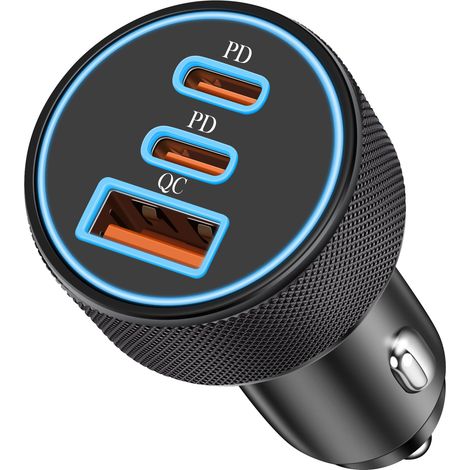 Chargeur de voiture USB-C 67 W, adaptateur de chargeur de voiture à trois ports USB-C et USB-A PD/QC, prise de charge rapide 12 V. (1/5)