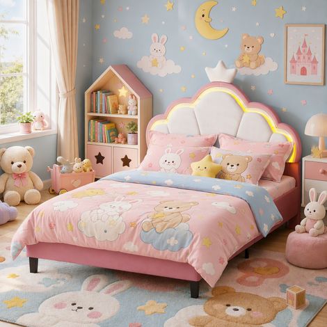 Lit Fille 90x190 avec Tête de lit rembourrée réglable en Forme de Nuage et décoration de Couronne, Lit 1 Place Enfant avec LED, Velours, Rose (1/5)
