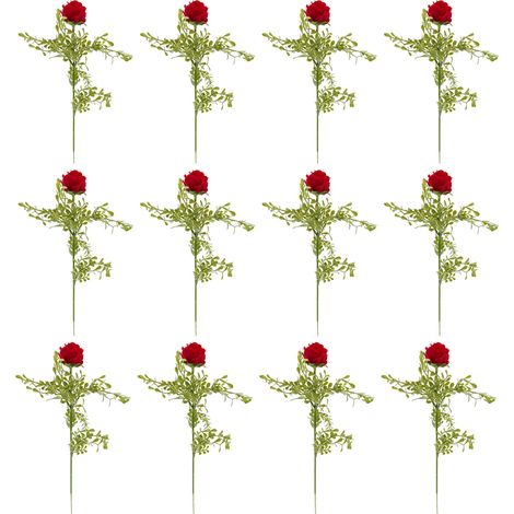 [Einzelne Vergissmeinnichtrose, Serie F, Neujahrsrot A10812] 12 künstliche Rosen mit einem Stiel, Zubehör für Blumenarrangements. (1/4)