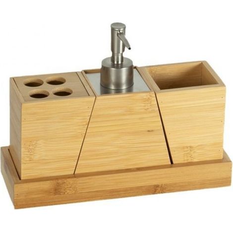Ensemble d'accessoires de salle de bain - 4 accessoires en bambou - Porte-brosse à dents - Distributeur de savon - Gobelet pour bain de bouche - Étagère (1/5)