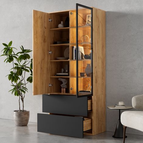 Vitrine vitrée avec éclairage LED – Meuble haut à 2 portes, 2 tiroirs et 6 étagères réglables, idéal pour le salon et la salle à manger, 70 x 35 x 160 cm (1/5)