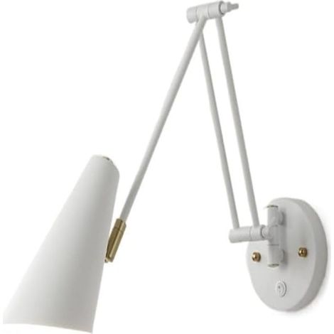Aplique de pared mecedora ajustable de estilo industrial retro, color dorado, brazo largo, blanco, lámpara de mesita de noche con cable, color blanco
