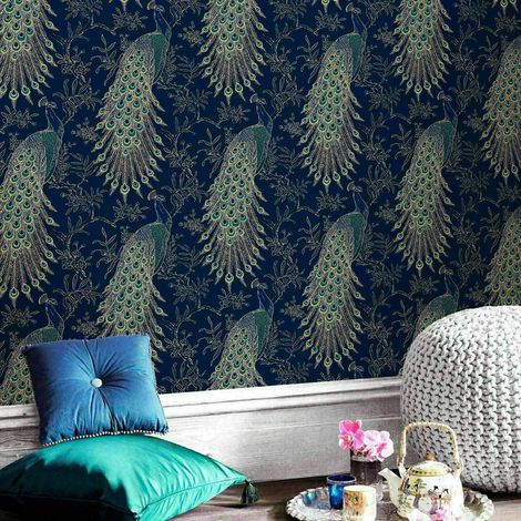 Rasch Portfolio Peacock Feathers Bird Feature Navy Blue Metallic Gold Wallpaper