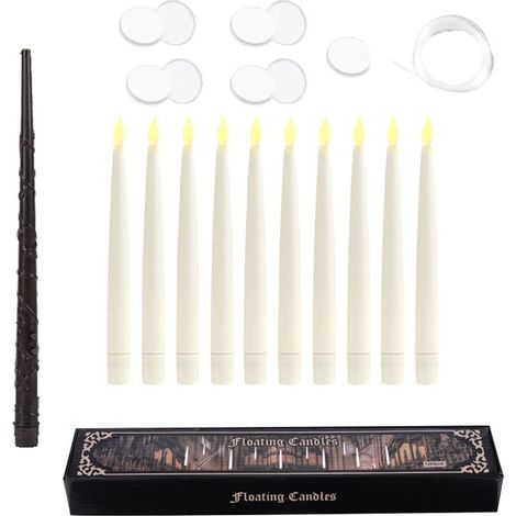 Bougies flottantes avec baguette à distance, 10 pièces, bougies coniques LED sans flamme suspendues magiques, alimentées par piles, pour décorations de fête d'anniversaire. (1/5)