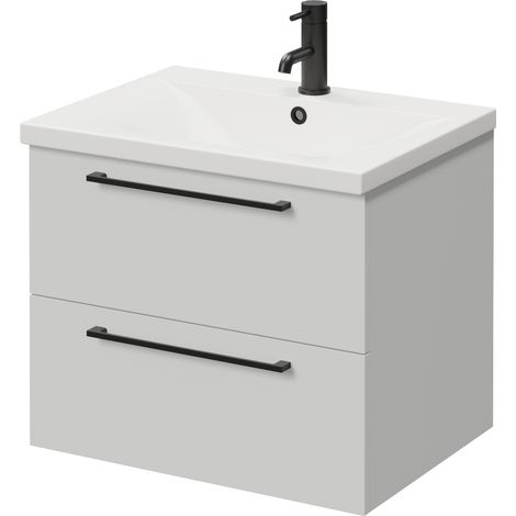 Napoli 460 Gloss Grey Pearl 600mm Wall Mounted 2 Drawer Vanity Unit with Glide Basin - 600mm - Matt Black 320mm Handle