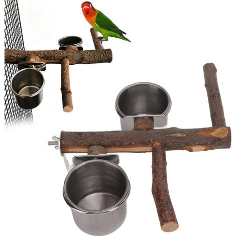 Bol d'alimentation pour Oiseaux, Gamelle pour Oiseaux, 22 cm Support en Bois et Gamelle en Acier Inoxydable, Distributeur de Perchoirs, Combinaison Mangeoire pour Petites Perruches de Taille Moyenne (1/5)