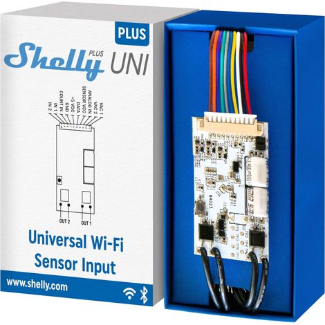 Shelly Plus Uni - Módulo Inalambrico Para La Automatización De Electrodomésticos, 8-24 VAC, 9-28 VDC, Wi-Fi Y Bluetooth, Control Remoto App, iOS, Android, Contador De Pulsos, Compatible Con Arduino