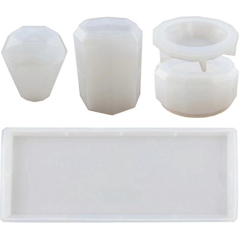 Set mit 4 Harzformen für Badezimmeraccessoires: Silikonformen für Harzguss, Zahnbürstenhalter, Becher, Diffusor, Flaschenform, Tablett, Topfform.
