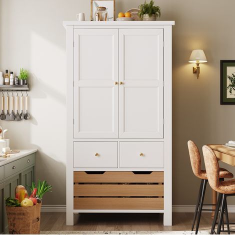 Buffet de cuisine 80x40x140 cm blanc en MDF avec 2 portes, 5 tiroirs et rangement spacieux (1/5)