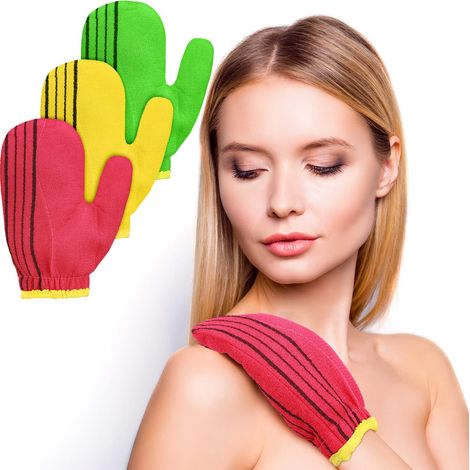 Guantes exfoliantes de 3 piezas, toalla exfoliante, guantes exfoliantes corporales, guantes italianos para ducha facial, guantes de masaje para el baño para hombres y mujeres. (1/5)