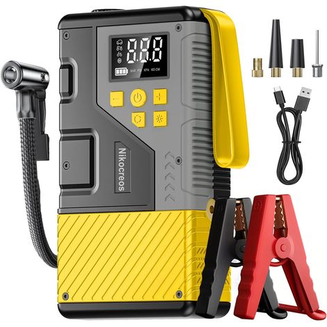 Portable Car Jump Starter with Air Compressor for Emergency Situations, Peak 3000A and Max 150PSI, Compatible with 12L Petrol and 10L Diesel Engines, LED Light