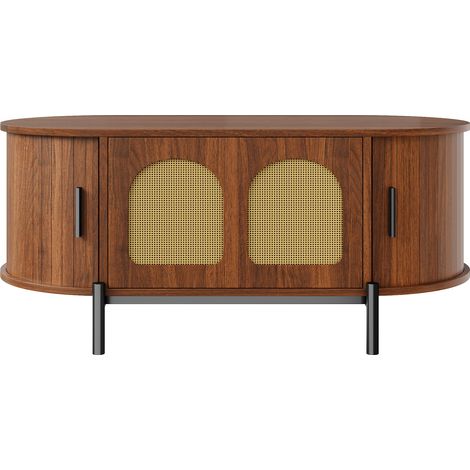Table basse ovale avec rotin, portes coulissantes, aspect bois, pieds en métal, table de salon multifonction avec rangement (1/5)