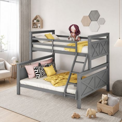 Etagenbett 90x200/140x200 cm grau aus Kiefernholz mit Leiter, Sicherheitsgeländer und umbaubar zu 2 Betten (1/5)