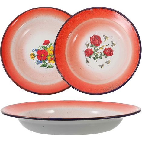 Lot de 3 assiettes émaillées vintage multifonctionnelles à fruits et autres aliments, motif aléatoire-16x16cm-Colorful (1/4)
