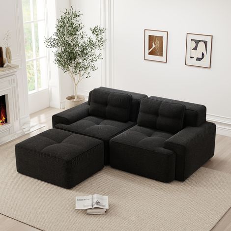 Canapé modulaire 2 places avec repose-pieds - Forme en L, dossier moelleux, tissu velours côtelé, Design moderne - Noir (1/5)