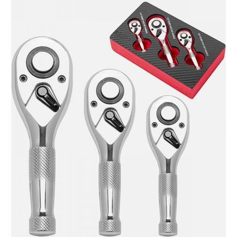 Kit 3 Mini Chiave a Cricchetto 1/2 3/8 1/4 Reversibile 72 Denti Cromo Vanadio