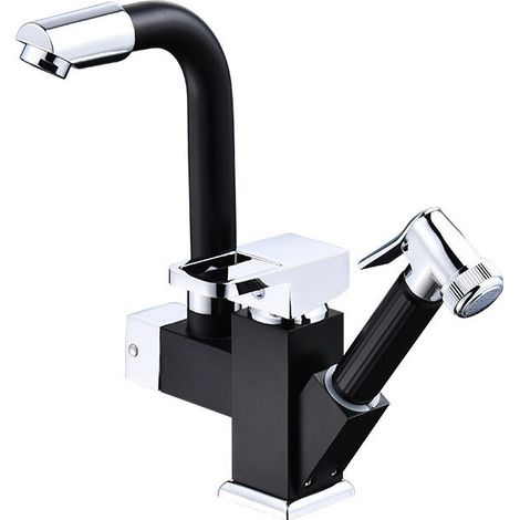 Mélangeur de cuisine monobloc pivotant à 360° avec douchette extractible noir - 1428cm