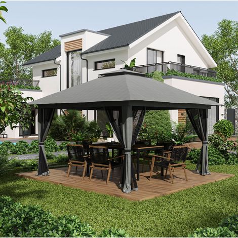 Tonnelle pliante 4 x 4 m avec double toit, parois moustiquaires, hauteur réglable, imperméable et structure métal gris foncé pour jardin et terrasse CHICFURN (1/5)