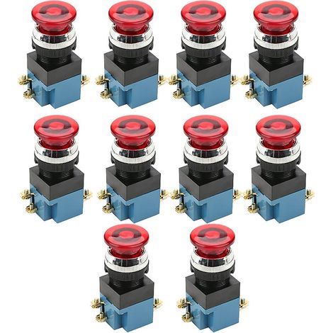 Lot de 10 interrupteurs à bouton-poussoir champignon à réarmement automatique, 1NO 1NC, montage 25 mm, LA19-11J, rouge (1/5)