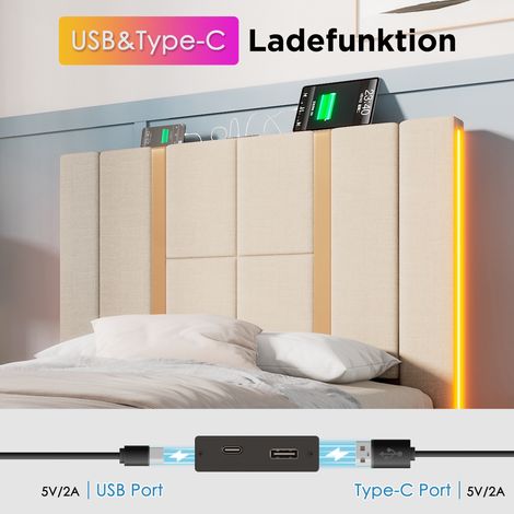 Lit plateforme 90x200 cm avec rangement, sommier en bois, tissu lin beige, fonction charge USB-C, contrôle par APP, LED intégrée, sans matelas, lit simple avec tête de lit. (1/5)