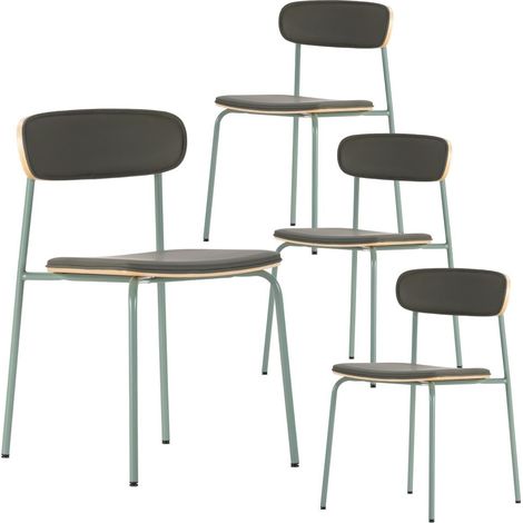 Lot de 4 chaises structure métal gris bleuté assise et dossier bois et PU vert - LAURA (1/5)
