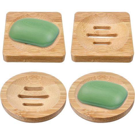 Lot de 4 Porte-savon, Bambou, Drainage, Rond et Carré, Salle de bain (1/5)
