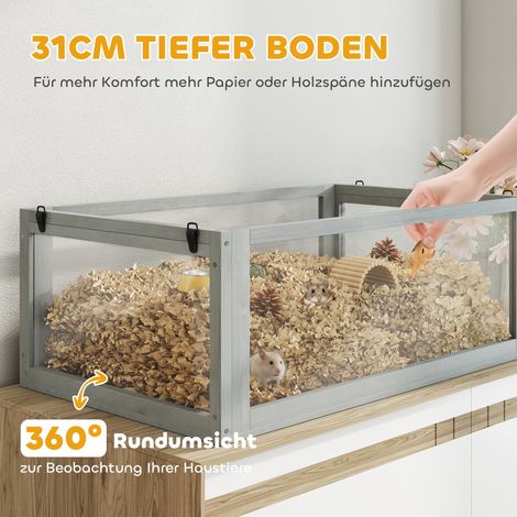 Hamster cage en bois, 3 niveaux avec sous-sol profond, étages amovibles, pour petits animaux, 80x50x76 cm, gris clair (1/5)