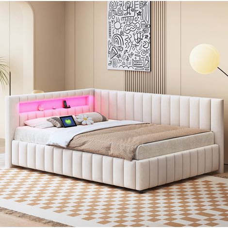 DESVIAE Canapé lit rembourré en velours avec LED et port USB dossier et tête de lit 140 x 200 cm beige (1/5)