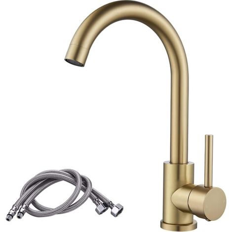 360° drehbare Küchenarmatur aus Messing und Edelstahl, Warm- und Kaltwasserhahn, gebürstetes Gold (1/4)