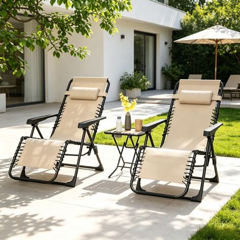 3-teiliges Relaxsessel-Set für Garten, 2 klappbare Liegestühle mit Beistelltisch und Kopfkissen, verstellbar, beige (1/5)