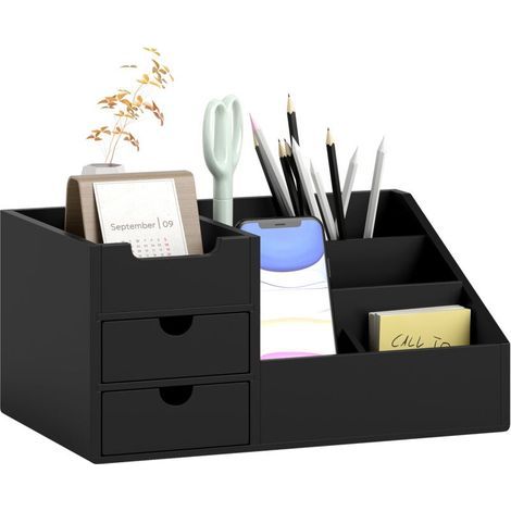 Office Storage Box - Desk Organizer - 7 Compartments, 2 Drawers - Black Varnished Bamboo (1/5)