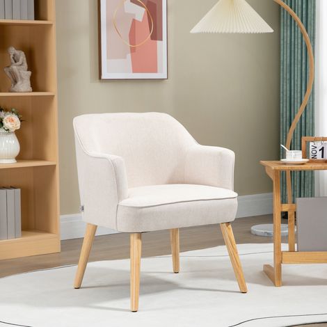 Butaca de Salón Moderna Sillón Tapizado en Lino Sintético Patas de Madera para Dormitorio Oficina 64,5x65x79,5 cm Crema (1/5)