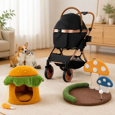 Set de aventura para gatos 3 piezas rascador con forma de seta carrito para mascotas 3 en 1 y cama tipo cueva de felpa 227458904 227458904 (1/5)
