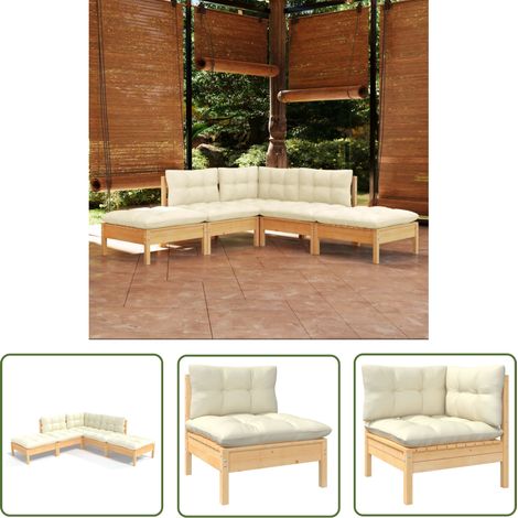 Salon de jardin 5 pcs Contemporain, Ensemble repas de jardin, avec coussins crème Bois de pin OIB4503E (1/5)